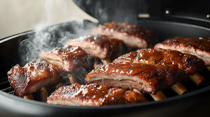 Detailed Shot of Tender BBQ Ribs Inside a Smoker