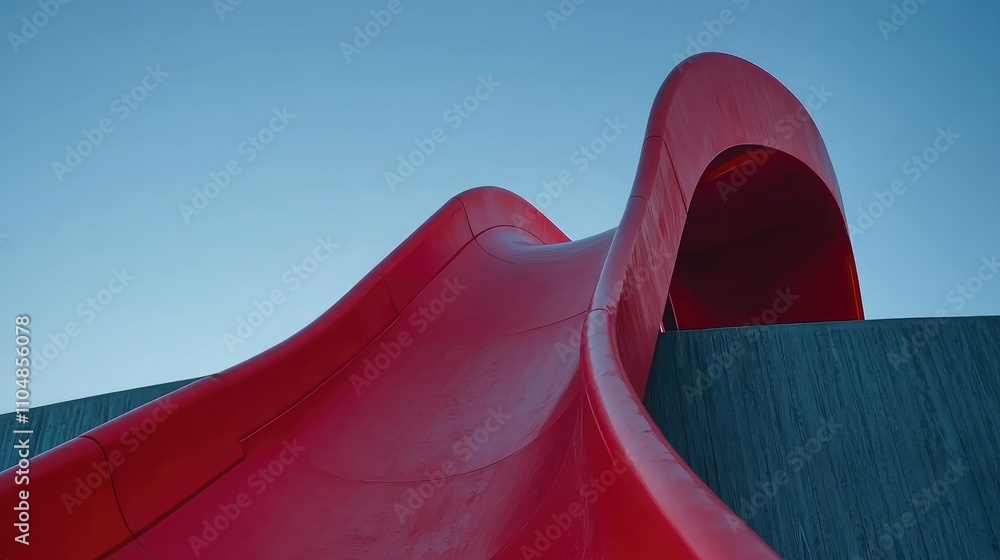Aufkleber eye-catching abstract red slide reaching toward clear sky with curves and modern architecture in bac