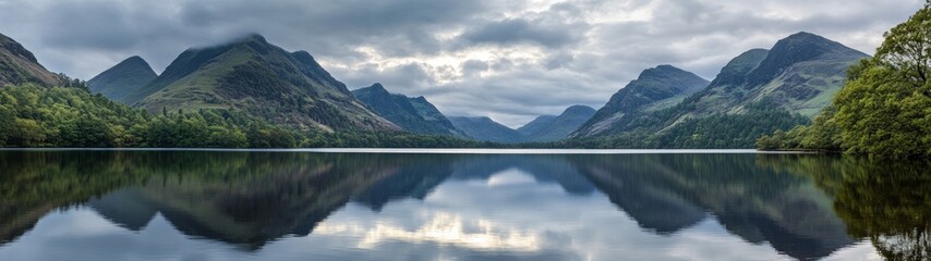 Serene Mountain Lake Reflection, tranquil waters mirror majestic peaks, enveloped in a soft, cloudy atmosphere, offering a perfect escape into nature's embrace.