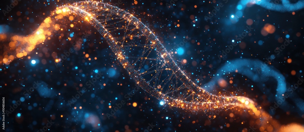Poster abstract dna double helix with glowing particles and bokeh lights.