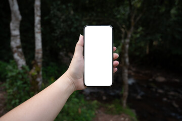 Smart phone mockup. Women hands holding cell telephone blank copy space screen smartphone blank white screen isolated technology concept.