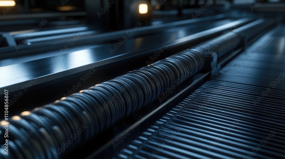 Aufkleber close-up view of industrial machinery components featuring a metallic roller and precision engineere