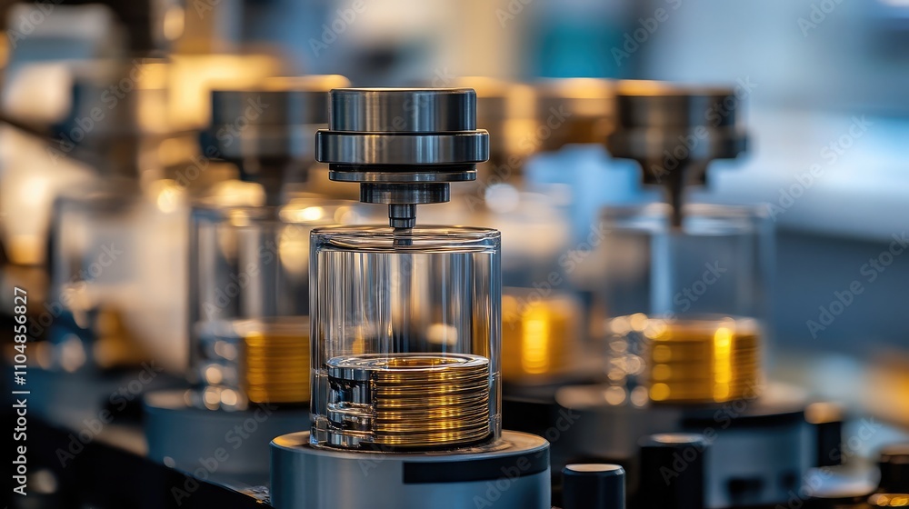 Aufkleber close-up view of precision machinery in a modern laboratory setting with glass vials and metallic co