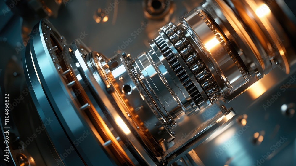 Poster detailed close-up of precision mechanical components with intricate metal gears and cogs illuminated