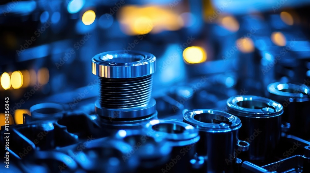 Poster close-up view of engine components with metallic detail and soft blue lighting, capturing the intric