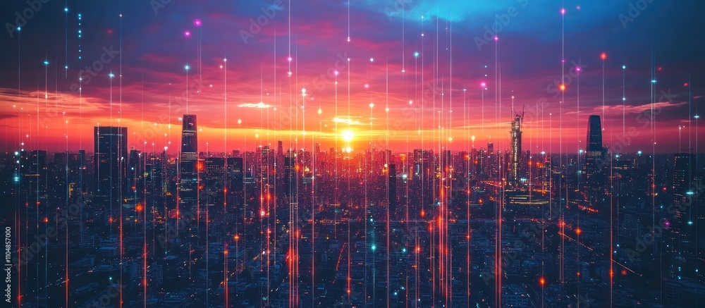 Poster sunset over a cityscape with glowing lines of light representing data.