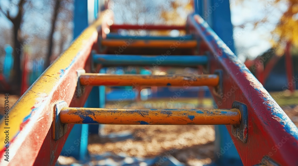Aufkleber close-up view of colorful playground climbing frame with worn steps and autumn leaves in background,