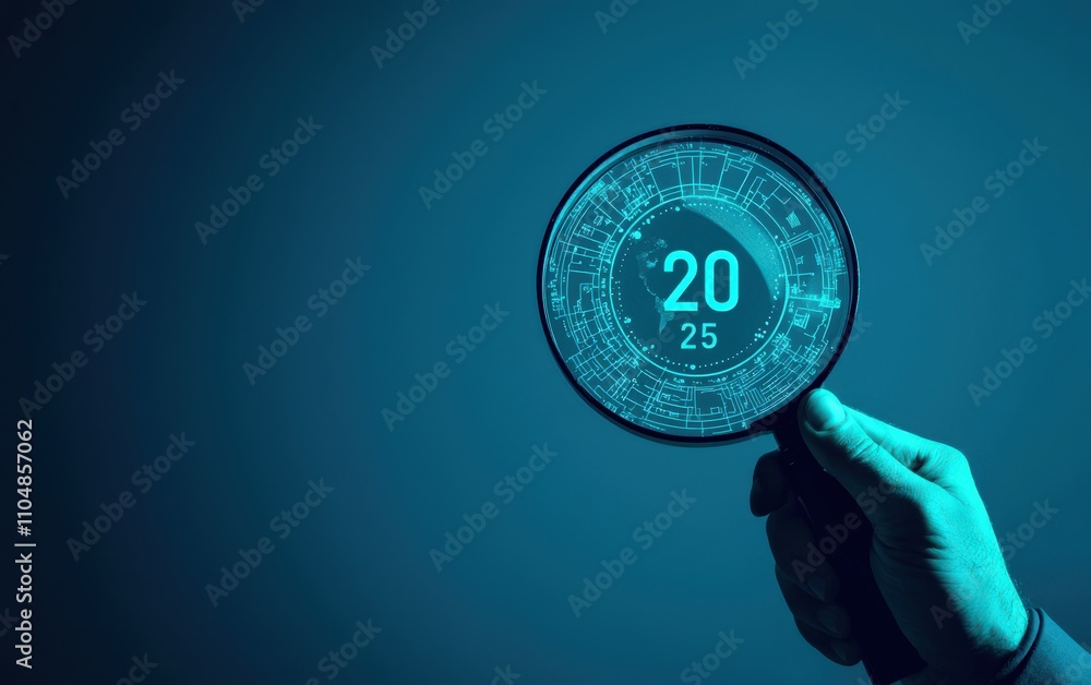 Poster futuristic magnifying glass displaying numbers 20 and 25, representing data analysis or technologica