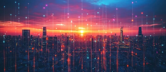 Fototapeta premium Sunset over a cityscape with glowing lines of light representing data.