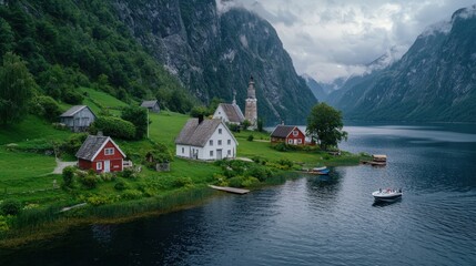 Obraz premium Serene Mountain Lake Village Houses Boats Nature Scenery