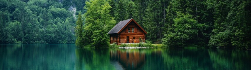 Lakeside Serenity, a tranquil cabin nestled by a pristine lake, mirrored in calm waters, embraced by lush forests and the serene beauty of the great outdoors.