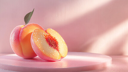 A fresh peach split in half showcasing its juicy interior, placed on a round pink platform, with droplets of water glistening under soft light for food photography.