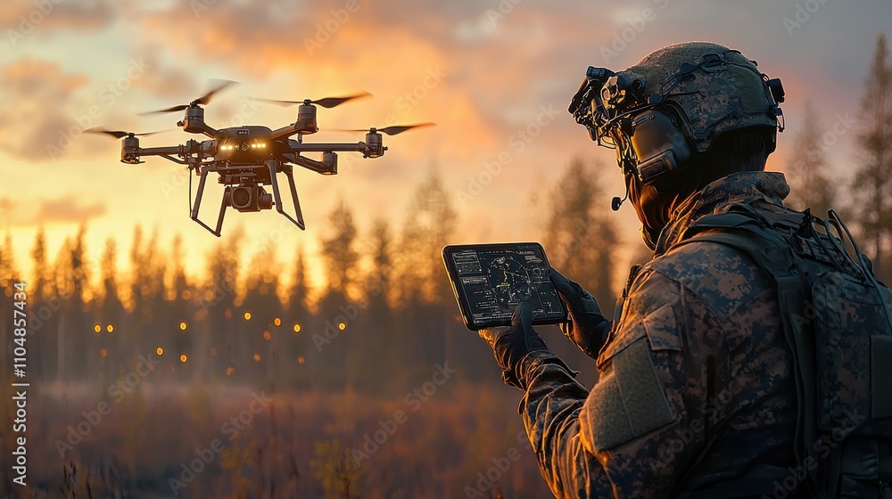 Poster advanced military drone launching from soldier's hand in tactical environment for enhanced combat ef
