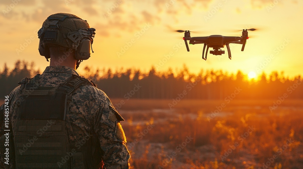 Poster advanced military drone launching from soldier's hand in a dynamic battlefield environment at sunset