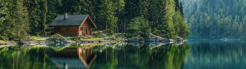 Lakeside Serenity, a tranquil cabin nestled by a clear lake, its reflection shimmering on the water, embraced by lush forest and the tranquility of nature.