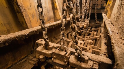 Detailed View of Rusty Chains and Heavy Machinery Components in a Dimly Lit Industrial Environment Capturing the Essence of Mechanical Engineering and Manufacturing Processes