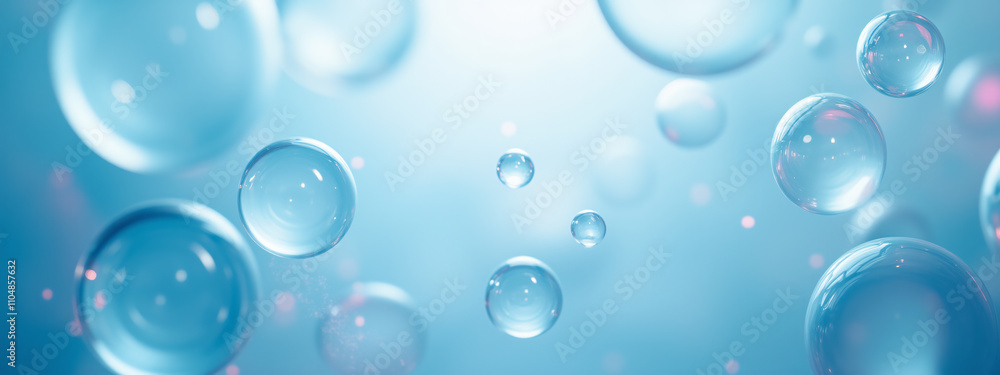 Poster a collection of transparent bubbles floating against a soft blue background, creating a dreamy and e