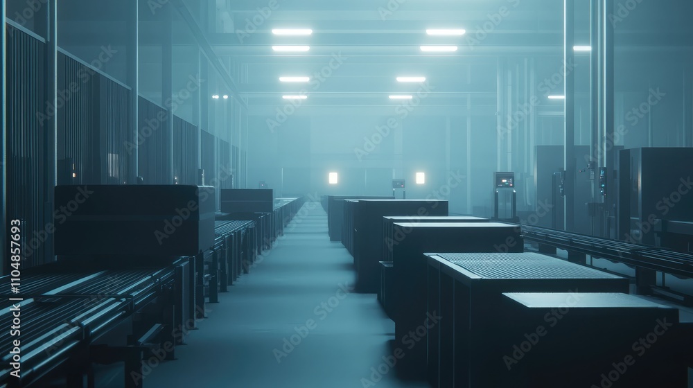 Poster atmospheric view of a large industrial space with ambient lighting and storage containers in a moder