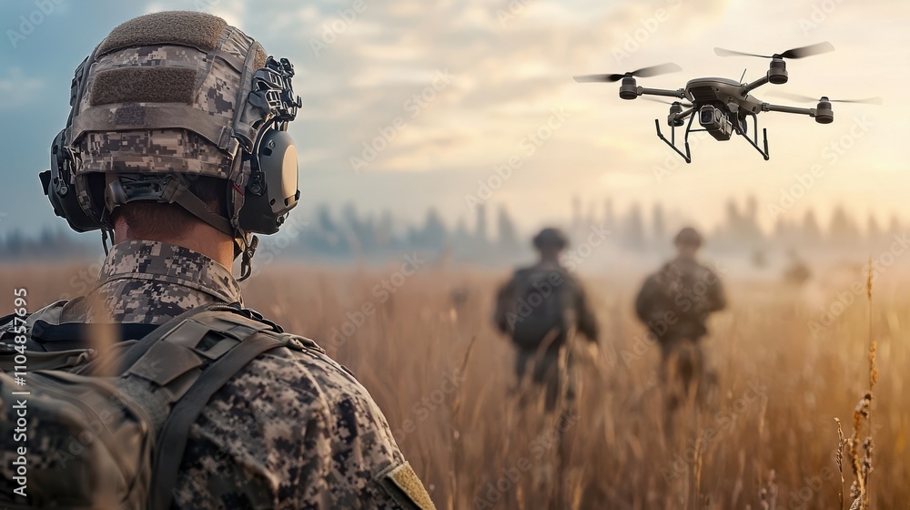 Poster enhancing battlefield coordination integrating soldiers and drones for superior operational standard