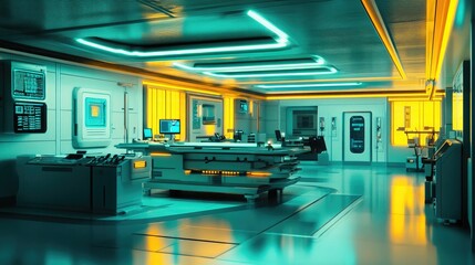 Futuristic Laboratory Interior with Neon Lights and High-Tech Equipment, Ideal for Science and Technology Themes in a Modern Visual Context