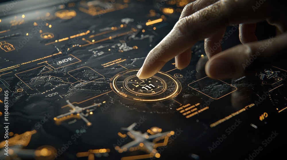 Poster Closeup of a soldier's hand tapping coordinates on a standard military base digital interface tactical environment close-up view precision mapping