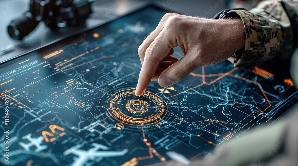 Poster closeup of a soldier's hand tapping coordinates on a standard military base digital interface tactic