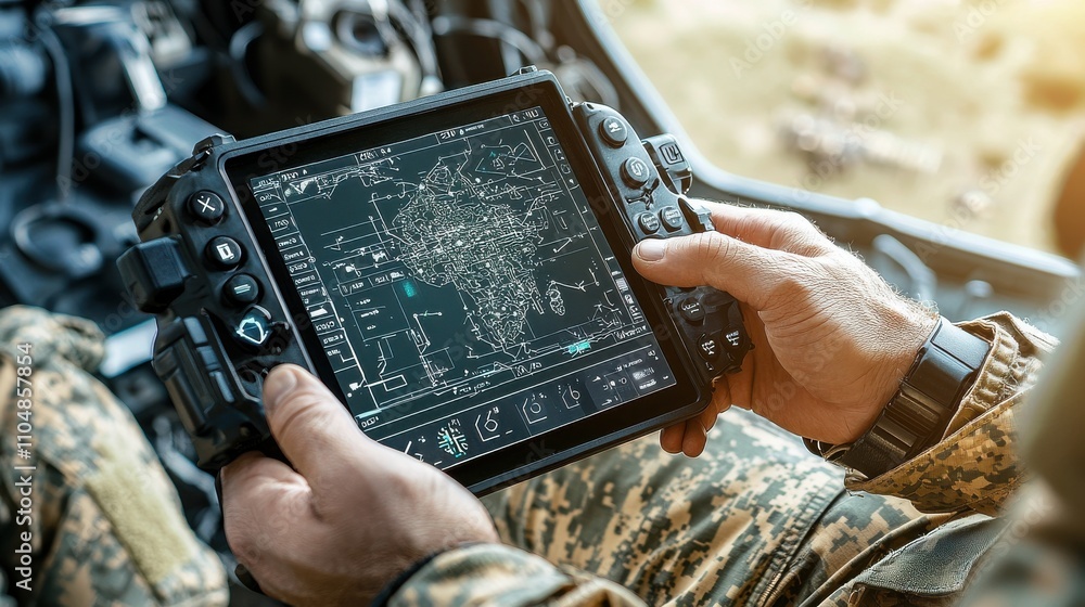 Aufkleber soldier operating drone controller military base closeup shot tactical environment hands-on view pre