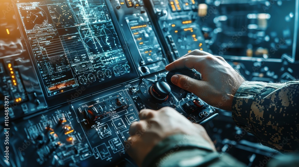 Aufkleber Soldier operating drone control standard military base close-up image high-tech environment overhead view precision and focus