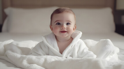 Baby in a cozy white bathrobe smiling while wrapped in a soft towel on a bed