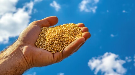 Hand Holding Golden Paddy Grains Against Blue Sky