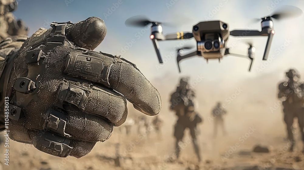 Fototapete tactical action with drones closeup of gloves gripping high-tech device in desert environment