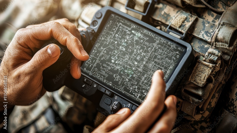 Aufkleber soldier operates drone control device military base closeup photography tactical environment hands-o
