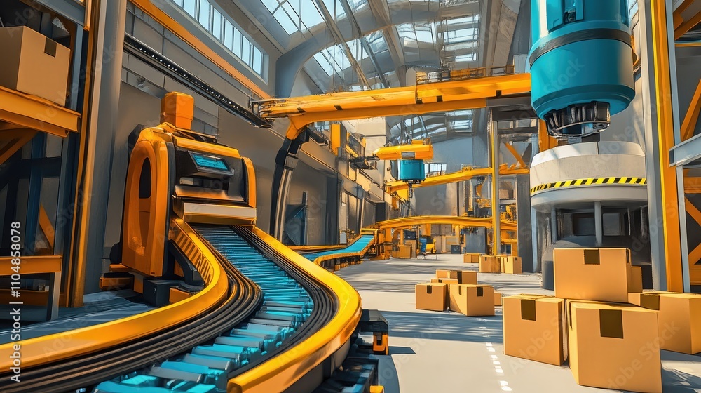 Aufkleber advanced automation in a modern warehouse with conveyor belts and robotic arms for efficient supply 