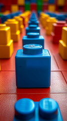 Colorful Plastic Blocks, A Row of Blue Blocks on Red Surface, Others Blurred in Background.