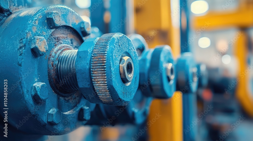 Aufkleber close-up of industrial machinery components showing detailed texture and colorful metalwork in a fac