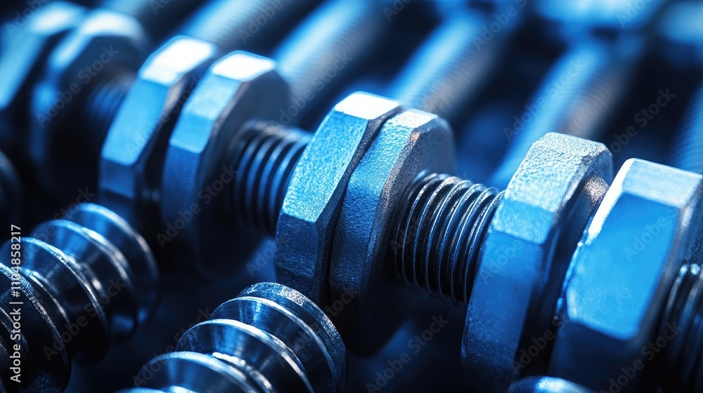 Aufkleber close-up view of metallic fasteners and nuts in industrial setting, highlighting the precision engin