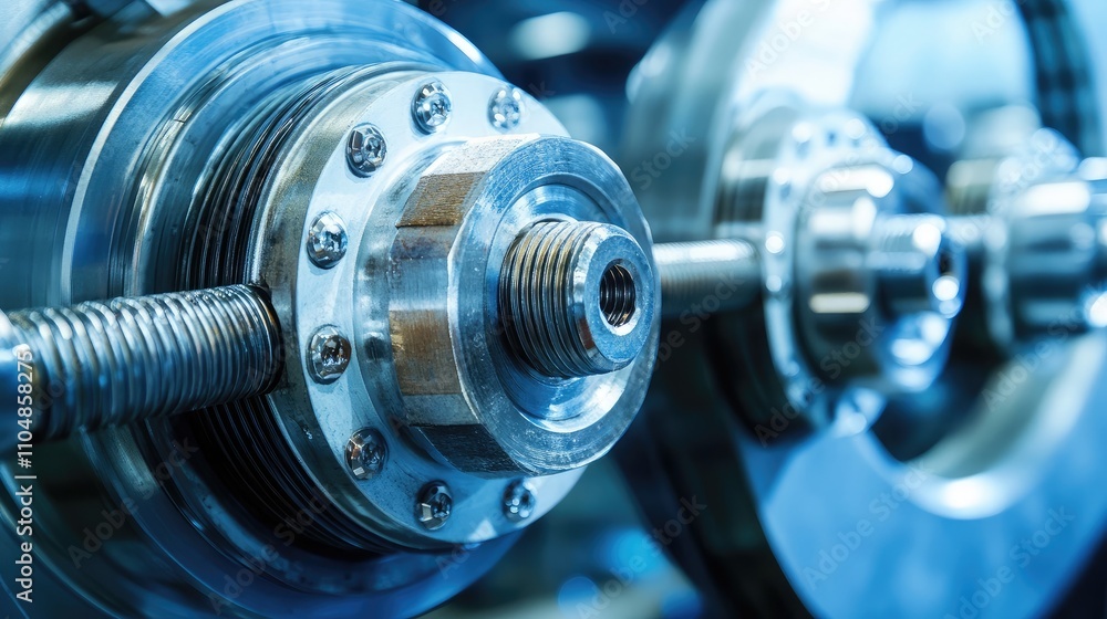 Poster close-up view of precision metal components with threads, nuts, and bolts highlighting industrial en