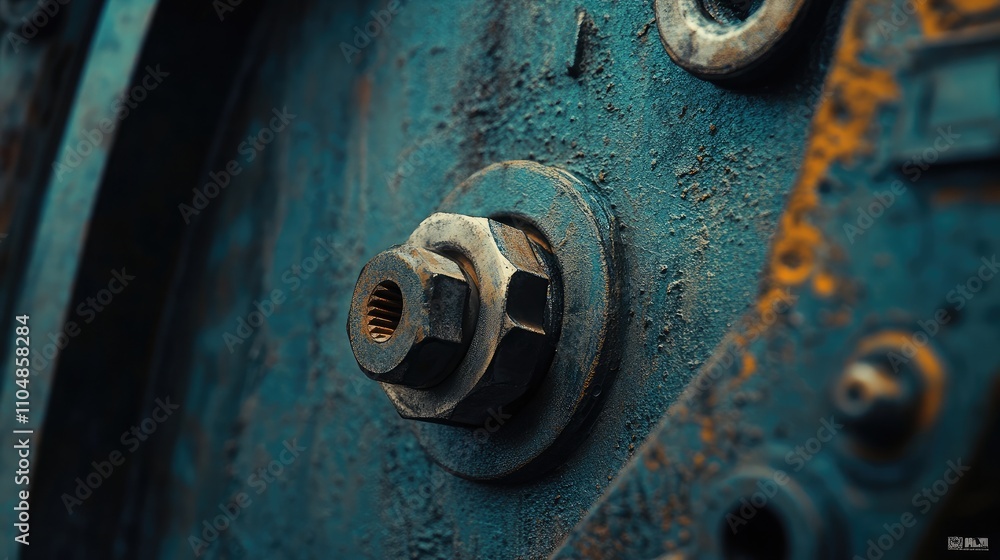 Poster close-up view of rusty industrial equipment featuring a nut and bolt with weathered surface, highlig