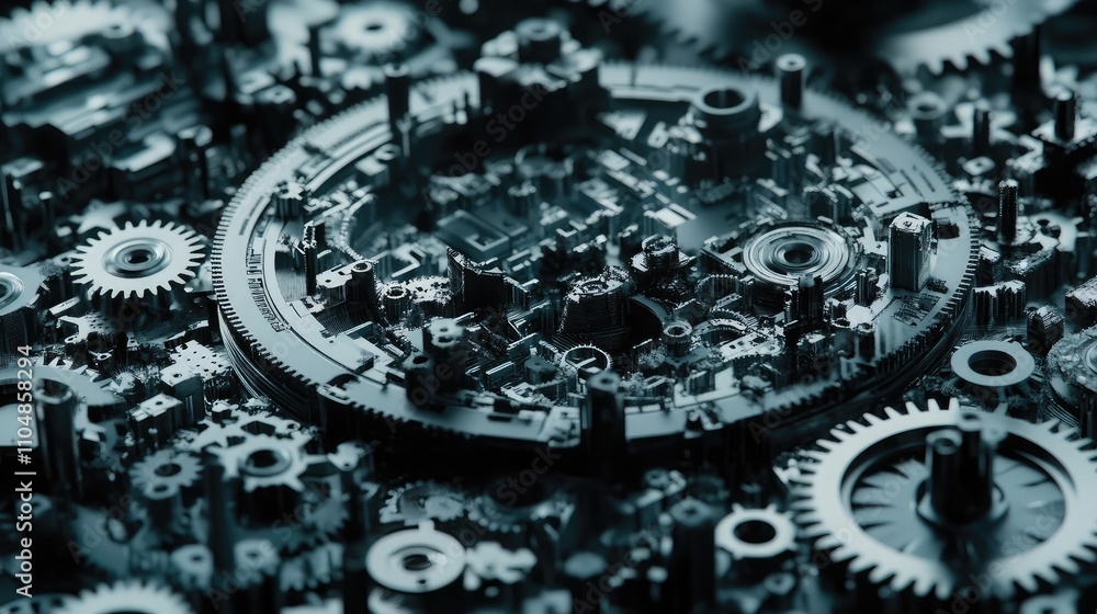 Aufkleber intricate close-up of mechanical gears and components in a dark environment, highlighting precision 