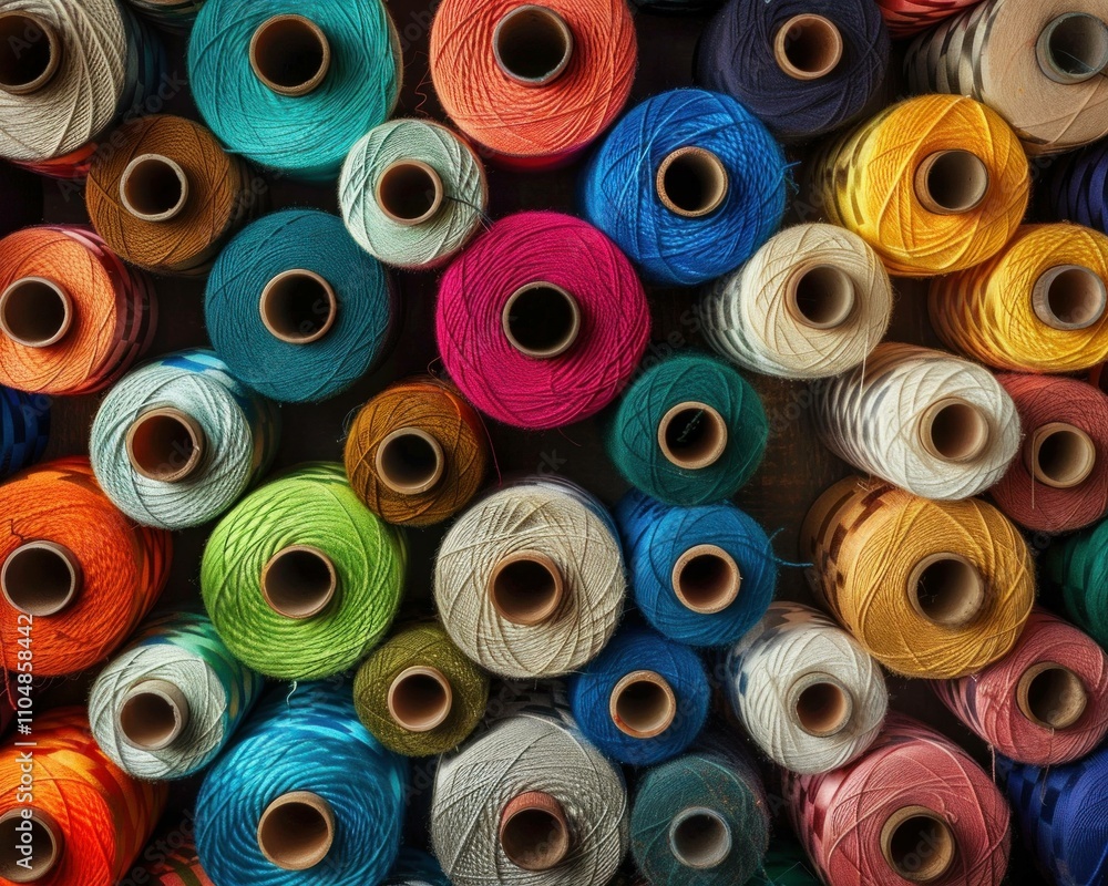 Poster colorful spools of threads arranged in a vibrant pattern, showcasing a variety of textures and shade