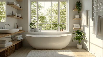 Serenity in a modern bathroom with natural light and plants creating a relaxing retreat