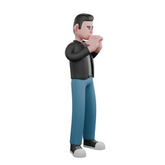 Fototapeta premium Screenwriter 3D Cartoon Model Design. A male screenwriter stands with both hands in front of his lips. 3D Artistic Model