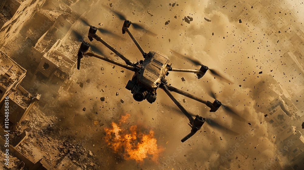 Poster explosive drone delivery operation military fortification action sequence urban environment aerial v