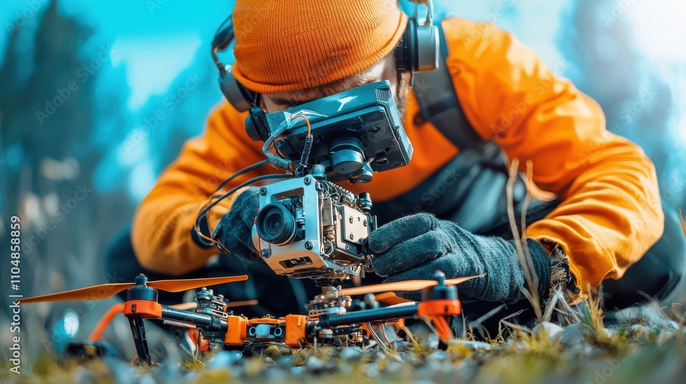 Aufkleber Diy drone operator in a warzone preparing remote control adaf standard a tactical technology guide in a combat environment from a ground-level perspective