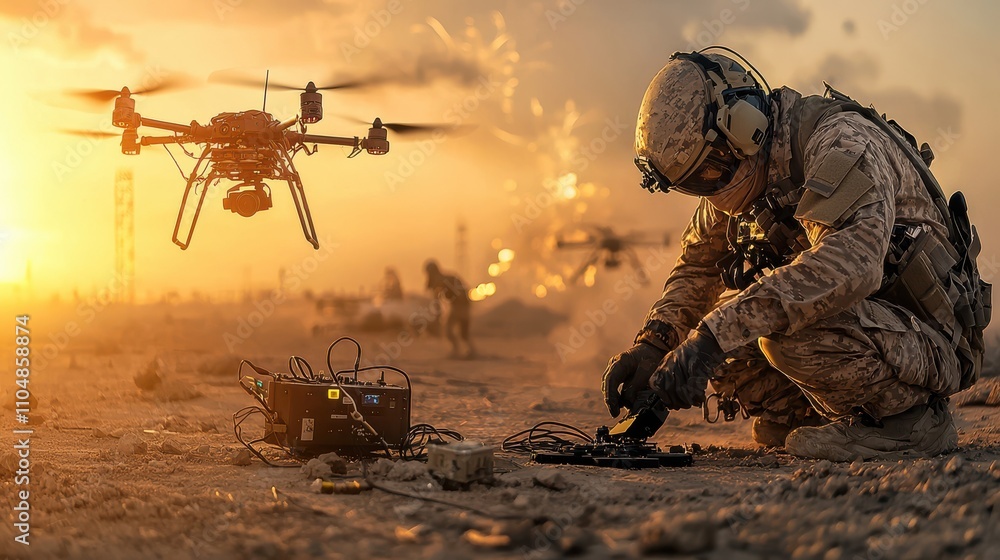 Poster diy drone operator in a warzone preparing a remote control adaf standard for tactical operations