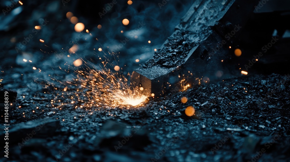 Poster close-up of sparks flying from metal surface during cutting process in a dark workshop setting with 
