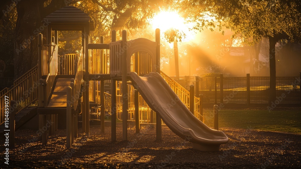 Poster Serene Playground Scene at Dawn with Soft Sunlight Filtering Through Trees, Highlighting Play Equipment and Child-Friendly Environment