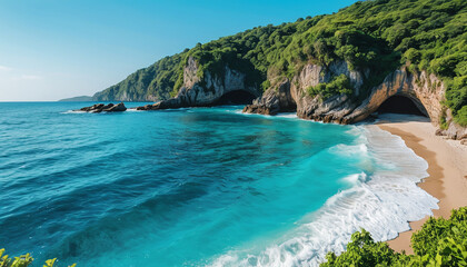 Obraz premium Tranquil Summer Beach with Turquoise Ocean Waves and Scenic Green Cliffs for Idyllic Escape.