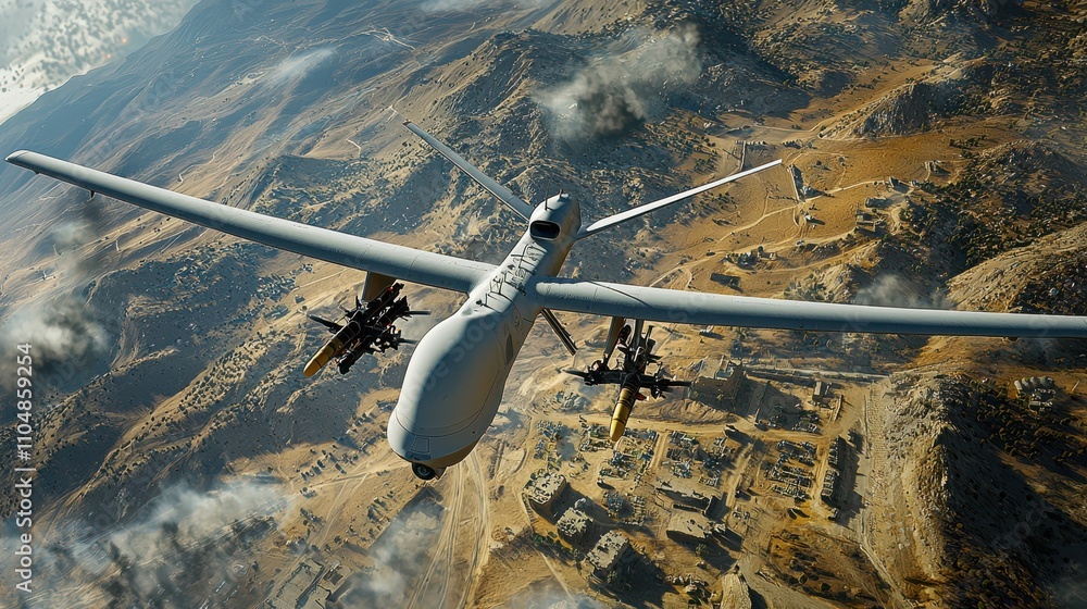 Poster Drone with improvised rocket launcher system hovering above aaab standard in military operations aerial combat zone technical overview