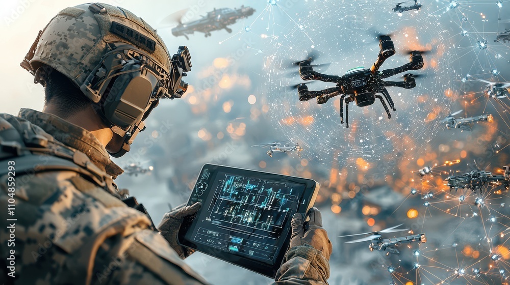 Poster futuristic soldier engaging with ai drone in urban combat setting digital artwork sci-fi environment